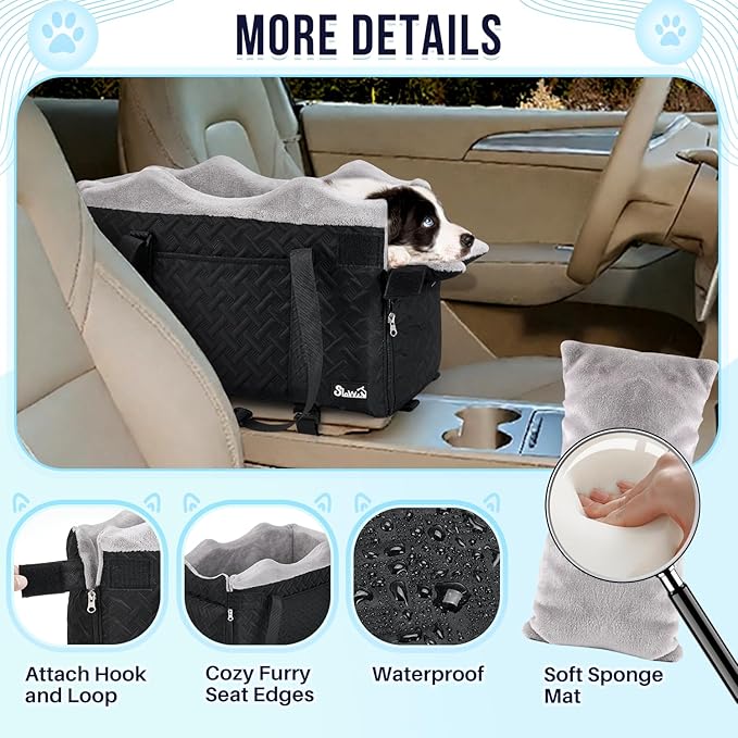 SlowTon Console Dog Car Seat - Portable Center Dog Car Seat for Small Dogs up to 9 lbs, Washable Pet Carseat with Soft Cushion Safe Protection Hooks & Storage Pocket, Black