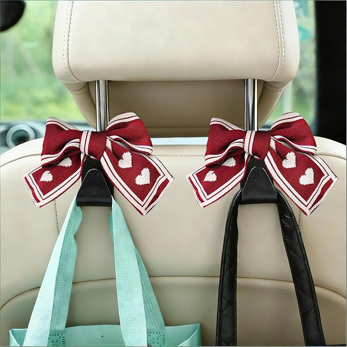2PCS Car Seat Headrest Hooks, Cute Bow Vehicle Backseat Storage Hanger for Handbag Umbrella Coat, Automotive Seat Back Hook Holder Organizer Decor, Universal for Vehicles (Red/Beige)