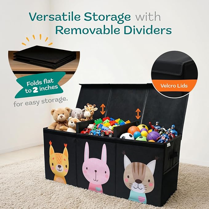 Extra Large Toy Storage Organizer with Lid - Sturdy, Collapsible Toy Chest Storage Box with Cute Design - Toys Bin with Dividers for Kids, Boys, Girls, Nursery, Bedroom, Play room 37"x16"x14"