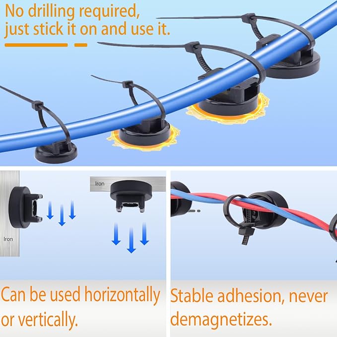 zbab1 Magnetic Zip Tie Mount Base, 25LBS Strong Magnetic Wire Holder & Cable Clips,Magnetic cable management for cars, offices, homes, and boats Diameter 22mm, 50 Pcs