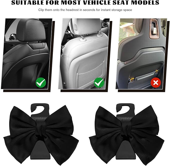 2 PCS Car Seat Headrest Hooks, Adorable Bow Knot Storage Hooks Multipurpose Vehicle Headrest Organizer, Auto Seatback Bowknot Hanger Interior Decoration for Car Truck SUV (Black)