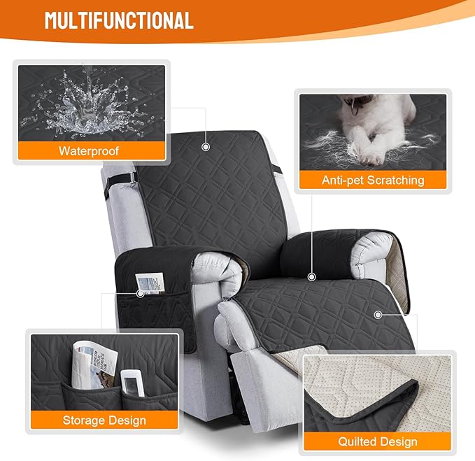 VANSOFY 100% Waterproof Recliner Chair Covers, Recliner Cover Non-Slip Dog Chair Cover Furniture Protector Washable Slipcover with Pocket, Elastic Straps for Pets, Dogs(Charcoal Gray, 25")