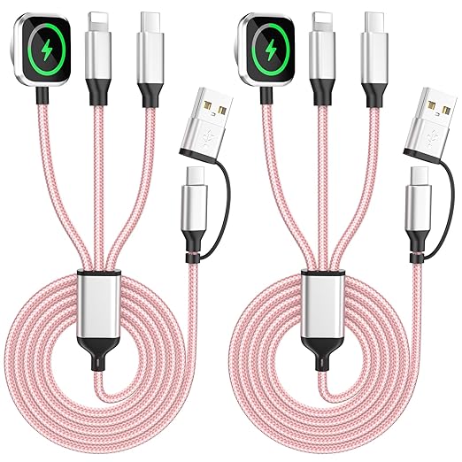 Travel Cruise Essentials,3 in 2 Multi Charging Cable for iWatch Charger/IP/USB C,Pink 2-Pack 5FT Braided USB A/C Cable Designed for Multiple Devices,Car Accessories for iWatch Ultra/SE & iPhone 17-11