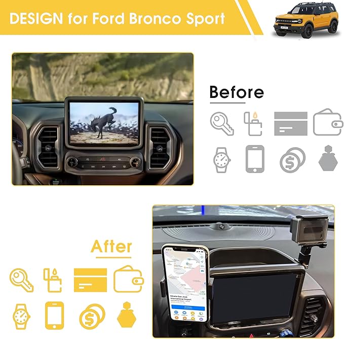 sukemichi Dash Phone Mount for Bronco Sport, Cell Phone Holder & Camera Mount, Multi-Function Dashboard Phone Holder Mount with Tray for 2021-2024 Ford Bronco Sport Accessories 2 Door 4 Door