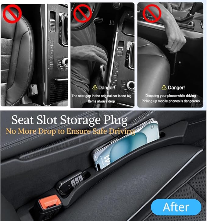 Car Seat Gap Filler Organizer 2 Pack - Universal Side Pocket Console Storage with Phone Slot & Charging Hole - SUV & Truck Interior Accessories - Crevice Blocker & Catcher for Gaps 1.1-2" - Black