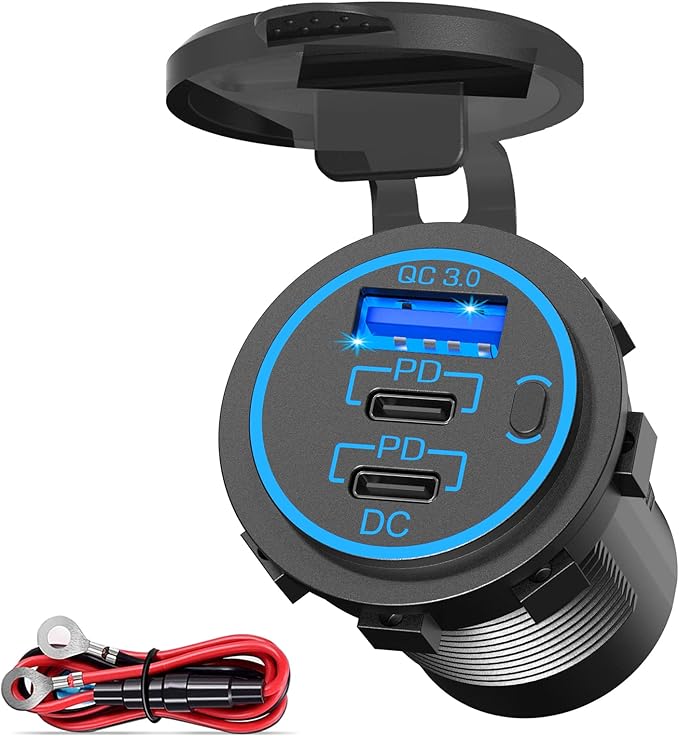 USB C Car Charger Socket – 58W Lengthened RV USB Outlet 12V Socket Dual 20W PD3.0 USB-C and 18W QC3.0 Car USB Port with Button Power Switch for Boat Marine Motorcycle