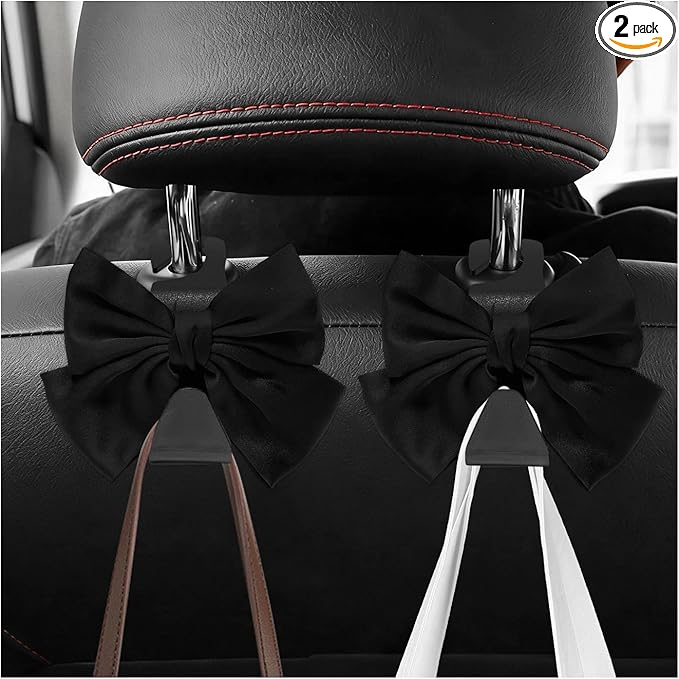 2 PCS Car Seat Headrest Hooks, Adorable Bow Knot Storage Hooks Multipurpose Vehicle Headrest Organizer, Auto Seatback Bowknot Hanger Interior Decoration for Car Truck SUV (Black)