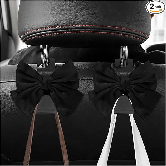 2 PCS Car Seat Headrest Hooks, Adorable Bow Knot Storage Hooks Multipurpose Vehicle Headrest Organizer, Auto Seatback Bowknot Hanger Interior Decoration for Car Truck SUV (Black)