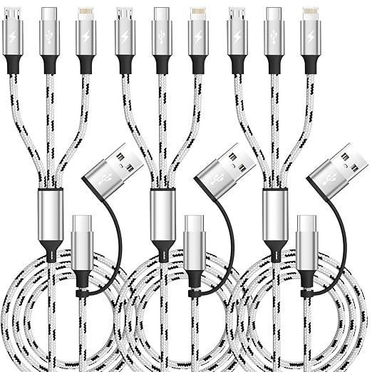 Travel Essentials 3 in 2 Multi Charging Cable, USB A/C Charging Cords with Type-C/IP/Micro, Universal Phone Charger Cord Compatible with iPhone17-8/iPad/Android/Tablet/Car (3Packs 5FT)