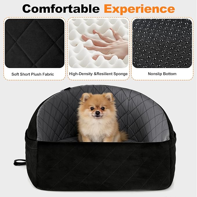Dog Car Seat for Small Medium Dogs, Dog Booster Seat Travel Bed for Small Dogs up to 30 lbs, for Front/Back Seats – Washable Pet Car Seat with 2 Pockets (Black/Gray)
