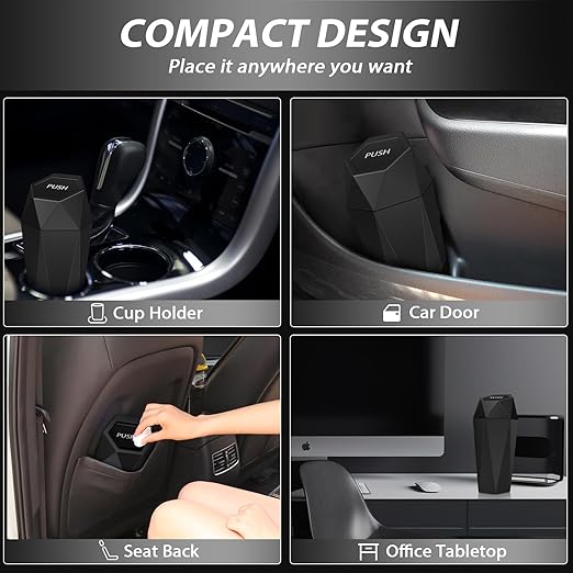 Car Trash Can with Lid, 2 Pack Cup Holder Garbage Can for Car, Leakproof Small Trash Bin, Mini Trash Can for Cars, Home, Bedroom, Office (Black)