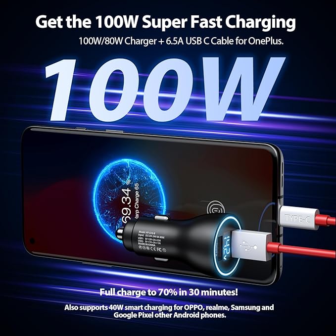 Car Charger for SuperVooc 100W 80W for OnePlus 13 15 13R 12R 12 11 10 Pro, 65W Charger for OnePlus Nord N30 N100 Open Pad 9 Pro 8 7T 6T 6 LED Display Dual USB Car Charge Adapter 3.3FT Fast Cable