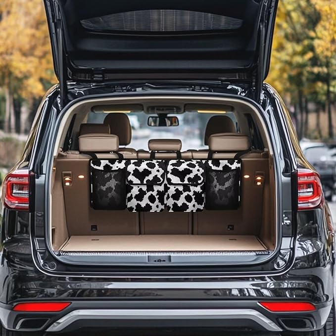 Cow Print Car Trunk Organizer Car Backseat Storage Bag with 4 Pockets Hanging Trunk Cargo Storage Universal Auto Accessories for Sedans SUV Trucks Van