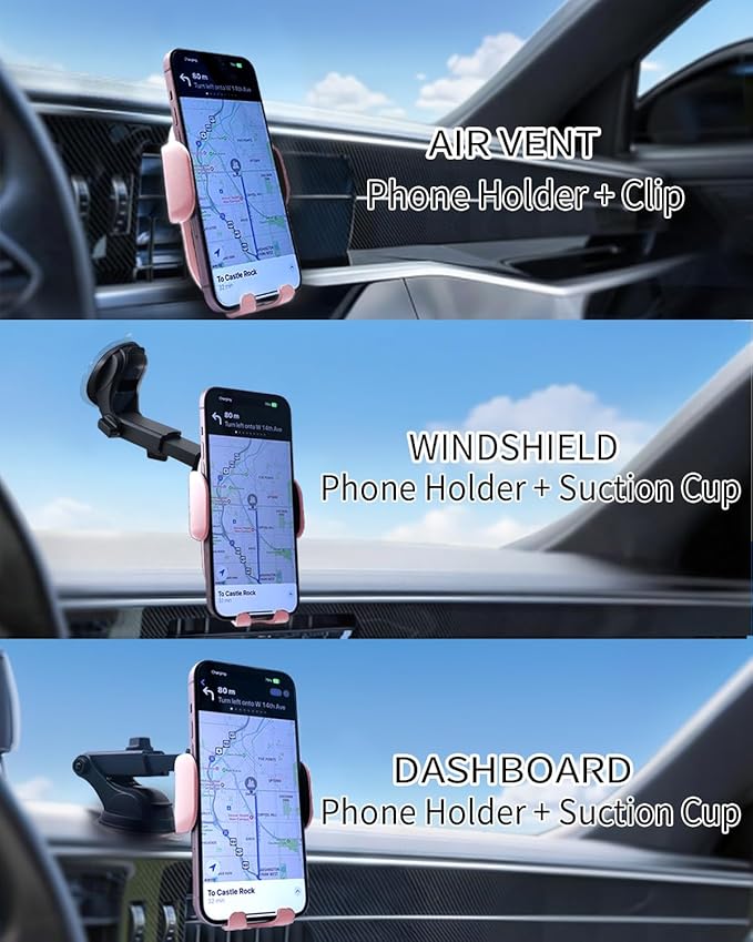 Wireless Car Charger Mount with Air Vent Clip & Suction Base, 15W Fast Auto-Clamping Charging Phone Holder for iPhone 17/16/15/14, Samsung S24/S23, etc.(Pink)