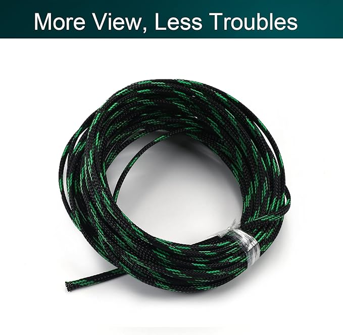 Aicosineg Black and Fluorescent Green PET Braided Sleeving 32.81 Ft Length 0.16 Inch Flat Width Cable Sleeve for Protect Cable 1Pcs