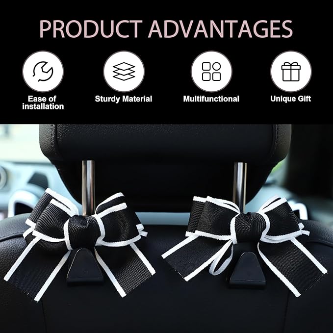 2PCS Car Seat Headrest Hooks, Car Purse Hooks, Cute Bow Shaped Auto Rear Seat Storage Hook Hanger for Purses and Bags, Auto Interior Decoration Accessory for SUV Sedan Truck (Black-White)