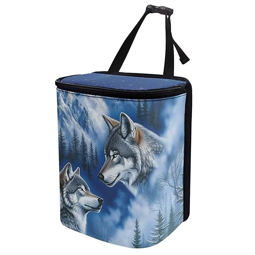 Talayituse Wolf Mountain Print Car Trash Can with Lid, Leak Proof Auto Trash Bag Hanging Vehicle Garbage Can Multipurpose Storage Container for Back Seat Road Trip