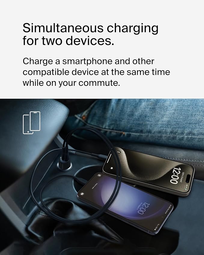 Belkin BoostCharge 42-Watt Dual Port Fast Car Charger w/30W USB-C & 12W USB-A Ports, USB-C to C Cable Included for iPhone 16, 16 Pro, Galaxy S25, S24, Pixel 9 & 8, Nintendo Switch 2 & More - Black