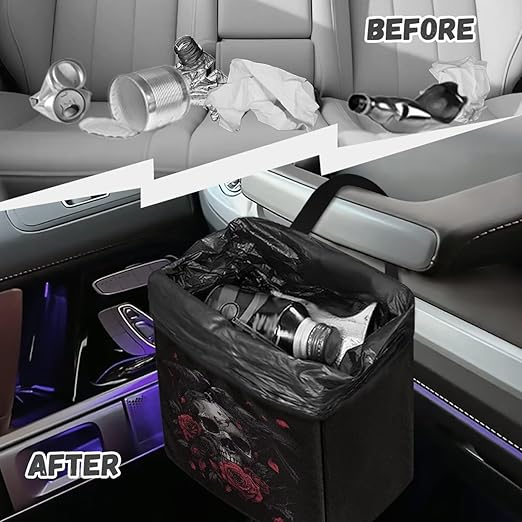 Crow Skull Rose Print Car Trash Can Leakproof Trash Bin Car Garbage Can Hanging Water-Resistant Collapsible Auto Trash Bag Halloween Decor Car Accessories for Women Men