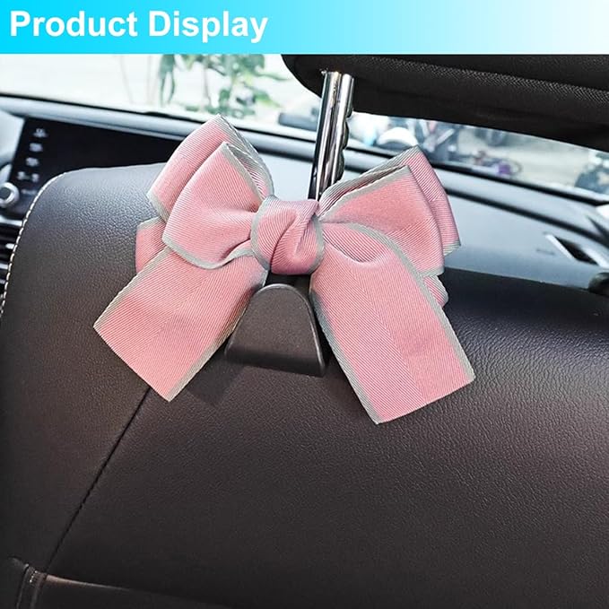 Mandark 2PCS Car Seat Headrest Hooks, Cute Bow Vehicle Hooks for Purses and Bags, Auto Purse Hook Hanger Interior Decoration Accessories, Universal for SUV, Sedan, Truck (Pink Line)