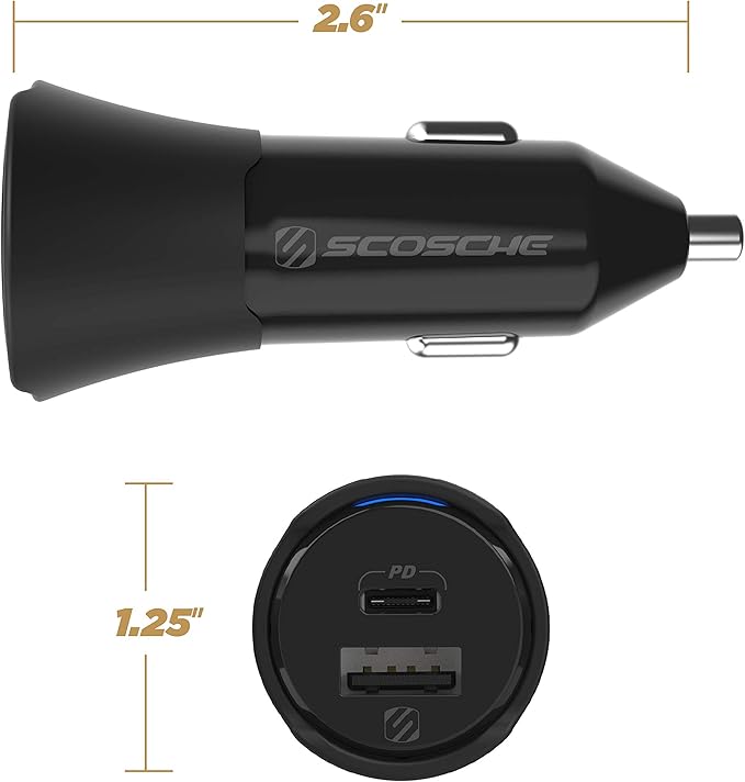 Scosche CPDCA38 38W USB-C Cigarette Lighter Adapter, Dual Car Charger with USB-A and USBC Fast Charging Port Compatible with iPhone 16/15/14/13/12, Samsung Galaxy S25/S24/S23 & Type-C Android Devices