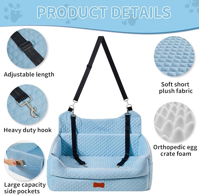 Dog Car Seat for Large/Medium Dogs - Memory Foam Dog Booster Seat for Under 55Lbs or 2 Small Dogs-Detachable and Washable Travel Bed with Thick Cushion and Storage Pockets-Blue