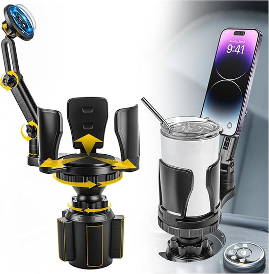 Frani Car Cup Holder Expander with Magnetic Phone Mount - Adjustable Insert Fits 2.68-4.33" Holders, 360° Gooseneck & Strong N52 Magnets for iPhone Samsung