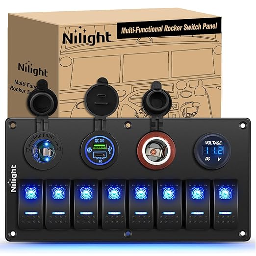 Nilight 8 Gang Rocker Switch Panel Waterproof Aluminum Marine with PD Type C & USB Charger Cigarette Lighter Socket Voltmeter Inline Fuse 12V 24V ON Off Pre-Wired Switches for Car Truck Boat