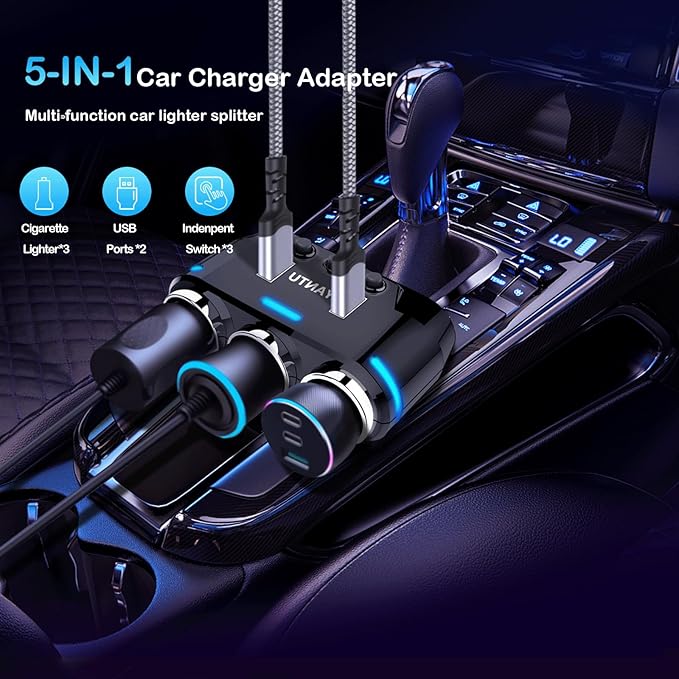 Car Cigarette Lighter Splitter, Self-Recovery Fuse & Separate Switch, 3-Socket Cigarette Lighter Splitter with Dual USB Port Fast Car Charger, 12/24v Car Adapter Splitter for Phone GPS Dash Cam