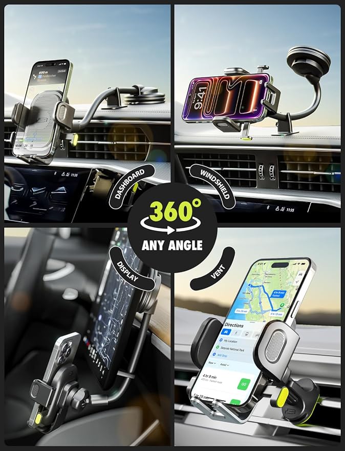 Bracketron OneClick Flexible Phone Holder for Car Dashboard,Windshield & Vent,3 in 1 Car Phone Holder with 7" Adjustable Gooseneck Arm,360 Rotation Car Phone Mount for All iPhone Android Smartphone.
