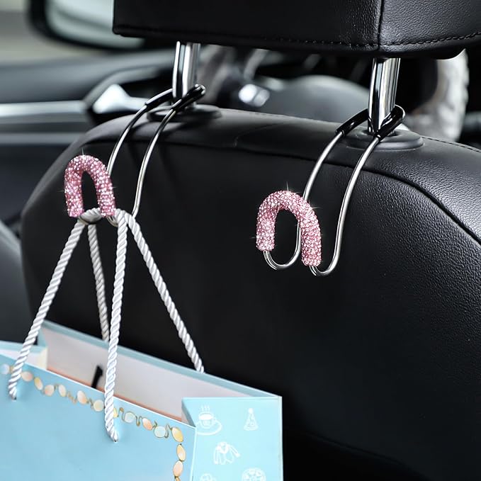 Soleebee 2 Pack Bling Car Headrest Hooks Crystal Rhinestones Universal Car Seat Hook Auto Hook Durable Car Back Seat Hangers Storage Organizer (Pink)