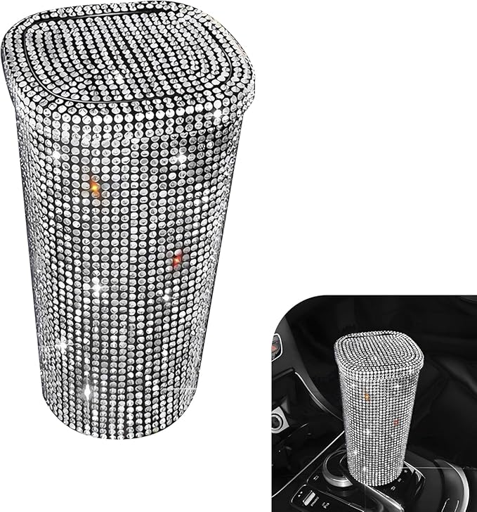 Bling Car Trash Can, Sparkly Rhinestone Cup Holder Car Garbage Can with Trash Bags, Universal for Cars, Offices, Homes – Stylish Cars Interior Accessory for Women (White)
