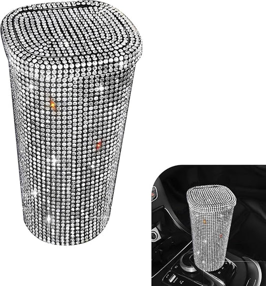 Bling Car Trash Can, Sparkly Rhinestone Cup Holder Car Garbage Can with Trash Bags, Universal for Cars, Offices, Homes – Stylish Cars Interior Accessory for Women (White)