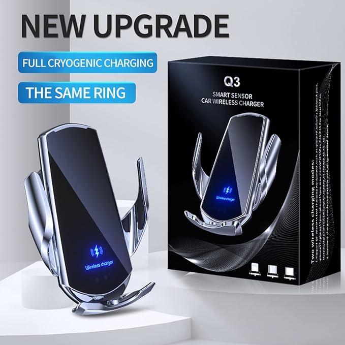 Wireless Car Charger Automotive Electric Induction 15W Wireless Charger Car Vent Mount Bracket Fast Charging Auto-Clamping Car Phone Holder Mount Air Vent Phone Holder Silver…
