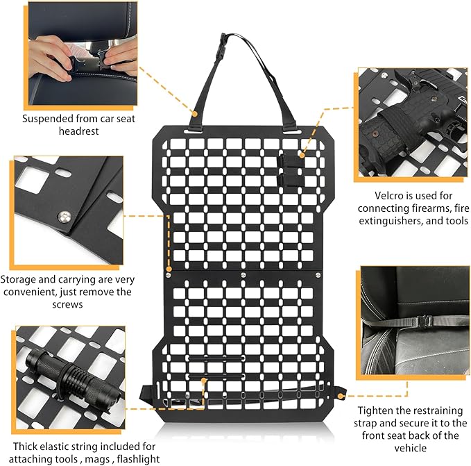 MAIKER Rigid Molle Panels For Vehicles Truck Mount Rack Tactical Seat Back Organizer with Fire Extinguisher Mout & Hook and Loop Fasteners & Elastic Rope for Storage Gears Accessories, Black