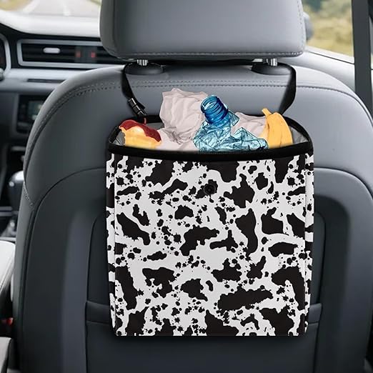 Cowhide Black Car Trash Can for Back Seat Car Accessories for Women Men Leakproof Auto Garbage Cans Hanging Trash Bin for Car Water-Resistant