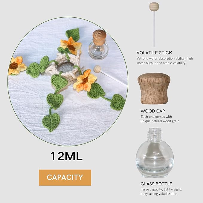 ROFIGL Handmade Crochet Hanging Car Air Freshener - Sunny Sunflower Design, 12ml Refillable Thick Glass Bottle, Car Diffuser for Rearview Mirror, Home & Office Cheerful Decor