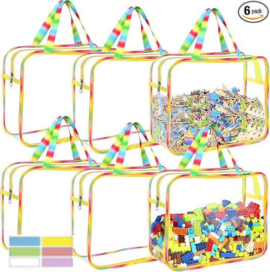 6 Packs Large Toy Storage Bags with Labels, Reusable Clear PVC Board Game Storage, Travel Waterproof Organizer Bags with Zipper Large Capacity (Gradient Color)