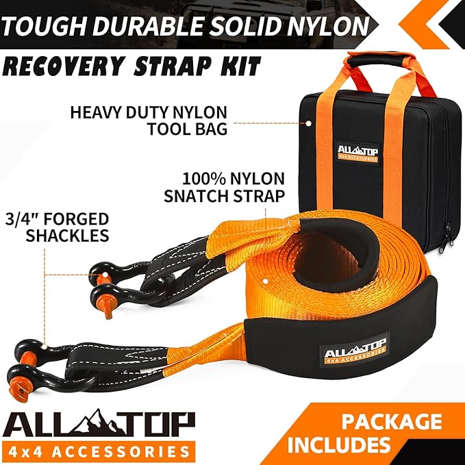 ALL-TOP Heavy Duty Tow Strap Recovery Strap Kit : 3 inch x 30 ft (35,000 lbs) 100% Nylon and 22% Elongation Snatch Strap + 3/4 D Ring Shackles (2pcs) + Storage Bag
