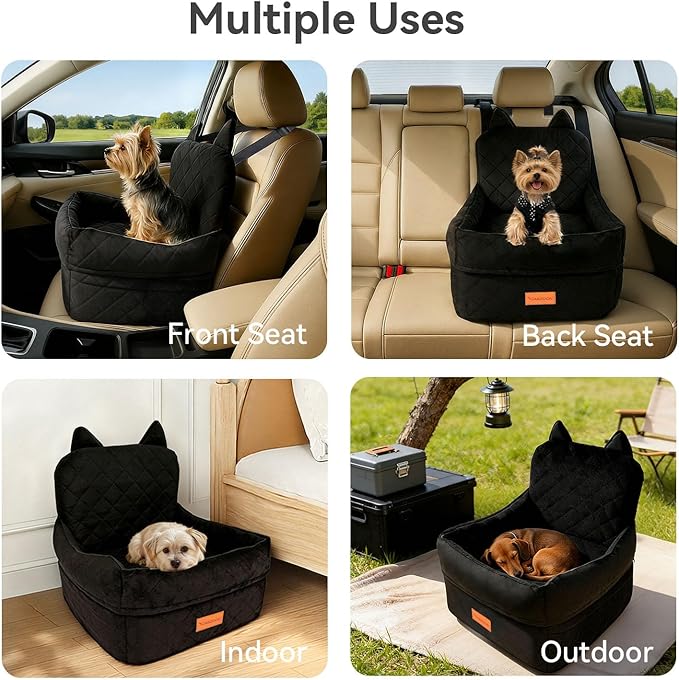 Dog Car Seat for Small/Medium Dogs Up to 35lbs,Elevated Cushion Fits in Front/Back Seat,Travel Safety Per Car Bed with Washable Removable Cover, Storage 2 Pockets Black