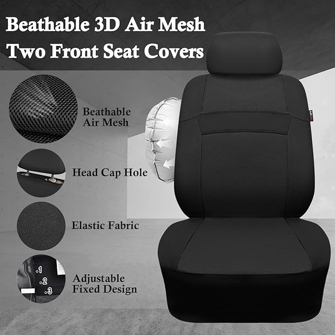 CAR PASS 3D Air Mesh Car Seat Covers Two Front Seats Only, Universal Seat Covers for Car Fit SUV,Vans,Sedan,Trucks, Breathable Automotive Interior Seat Covers Airbag Compatible (Black)