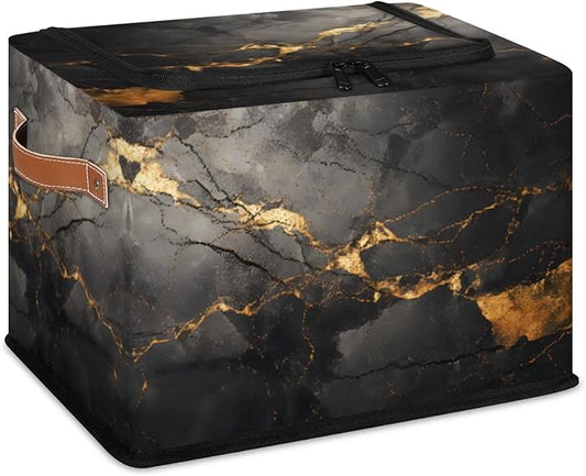 Black Gold Marble Storage Bins With Zipper Lid, Collapsible Trunk Organizer, Car Organizers and Storage Bins with Lids, Decorative Storage Boxes with Handle, Home Storage Baskets For Organizing
