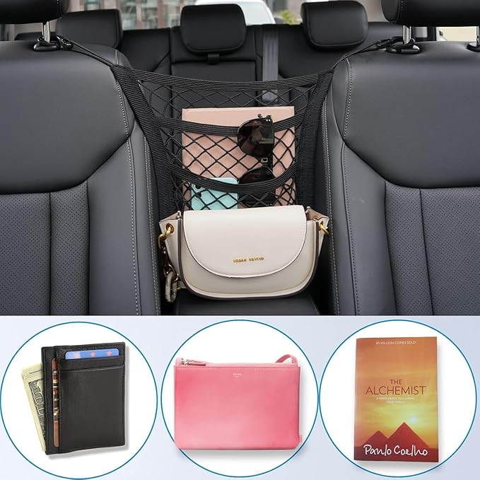 3-Layer Car Mesh Organizer Between Front Seats, 11.8 x 10.6 Inch Car Net Kid Pet Dog Net Barrier with Elastic Storage Pockets for Purses, Tissues, Fits SUV and Van