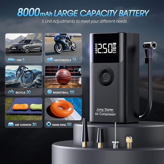 Jump Starter with Air Compressor, LERTIN 2500A 150PSI Portable Car Battery Jump Starter Pack, 12V Jump Box with USB Fast Charge, for up to 9.0 Gas/8.0L Diesel Engine, 3 Modes Lights/Large LCD Display