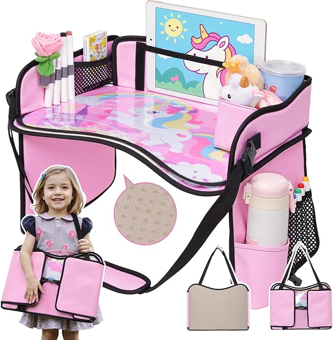 OUOZZZ Kids Travel Tray for Car - Girl's Safety Seat Table, Toddler Road Trip Essentials - Carseat/Airplane Lap Desk with Weight-Relief Strap, Non-Skid Silicone Base, Waterproof Dining/Craft Mat
