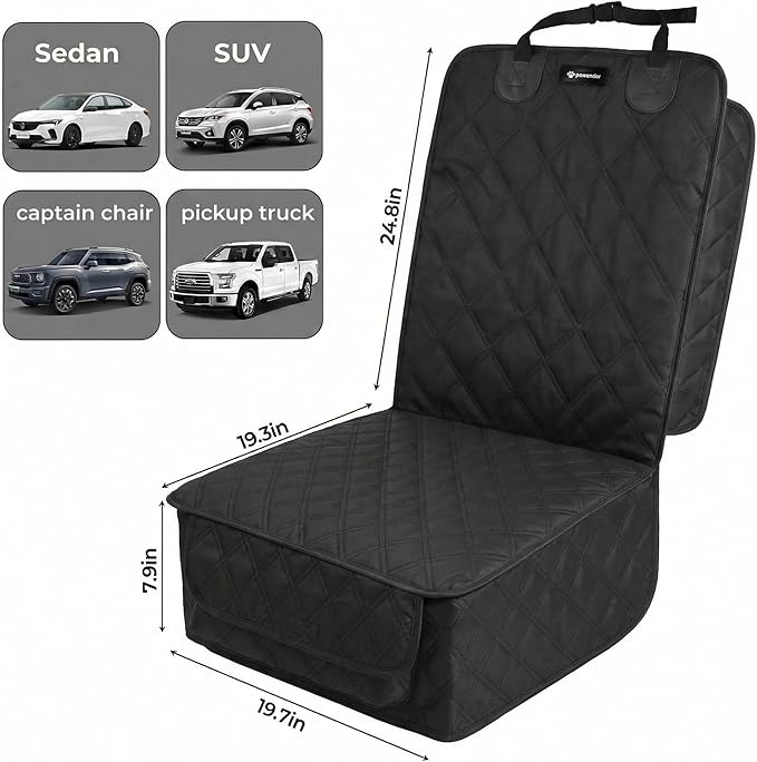 Dog Front Seat Cover for Car, Waterproof 600D Oxford Cloth Pet Seat Protector with Side Flaps, Durable Dog Car Seat Cover Front Passenger for Bucket Seat/Captain Chair, Full Protection (Black)