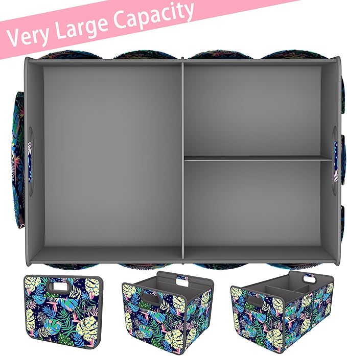 Homeve Trunk Organizer, Car Storage, Reinforced Handles, Collapsible Multi-Compartment, Foldable, Waterproof, Sturdy, 600D Oxford Polyester For Car, SUV, Mini-Van, Folded Texture, 2 Compart