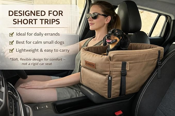 Kumdita Soft Console Dog Car Seat & Carrier for Extra Small Dogs (6–12 lbs). Cozy Center Console Pet Bed for Short Trips. Includes Safety Tether (Brown)
