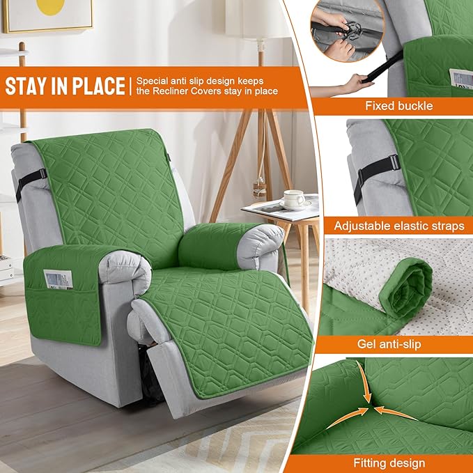 VANSOFY 100% Waterproof Recliner Chair Covers, Recliner Cover Non-Slip Dog Chair Cover Furniture Protector Washable Slipcover with Pocket, Elastic Straps for Pets, Dogs(Vine Green, 28")