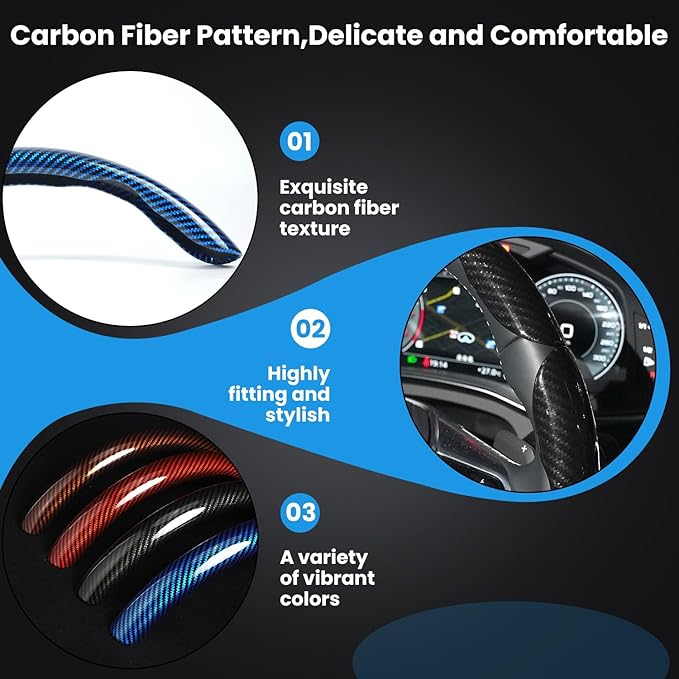 Hiseanllo Carbon Fiber Steering Wheel Cover 3PCS Set – Anti-Slip, Scratch-Resistant, Universal Fit for 14–16 Inch Wheels – Interior Car Accessories for Cars, SUVs, Trucks (Brown)
